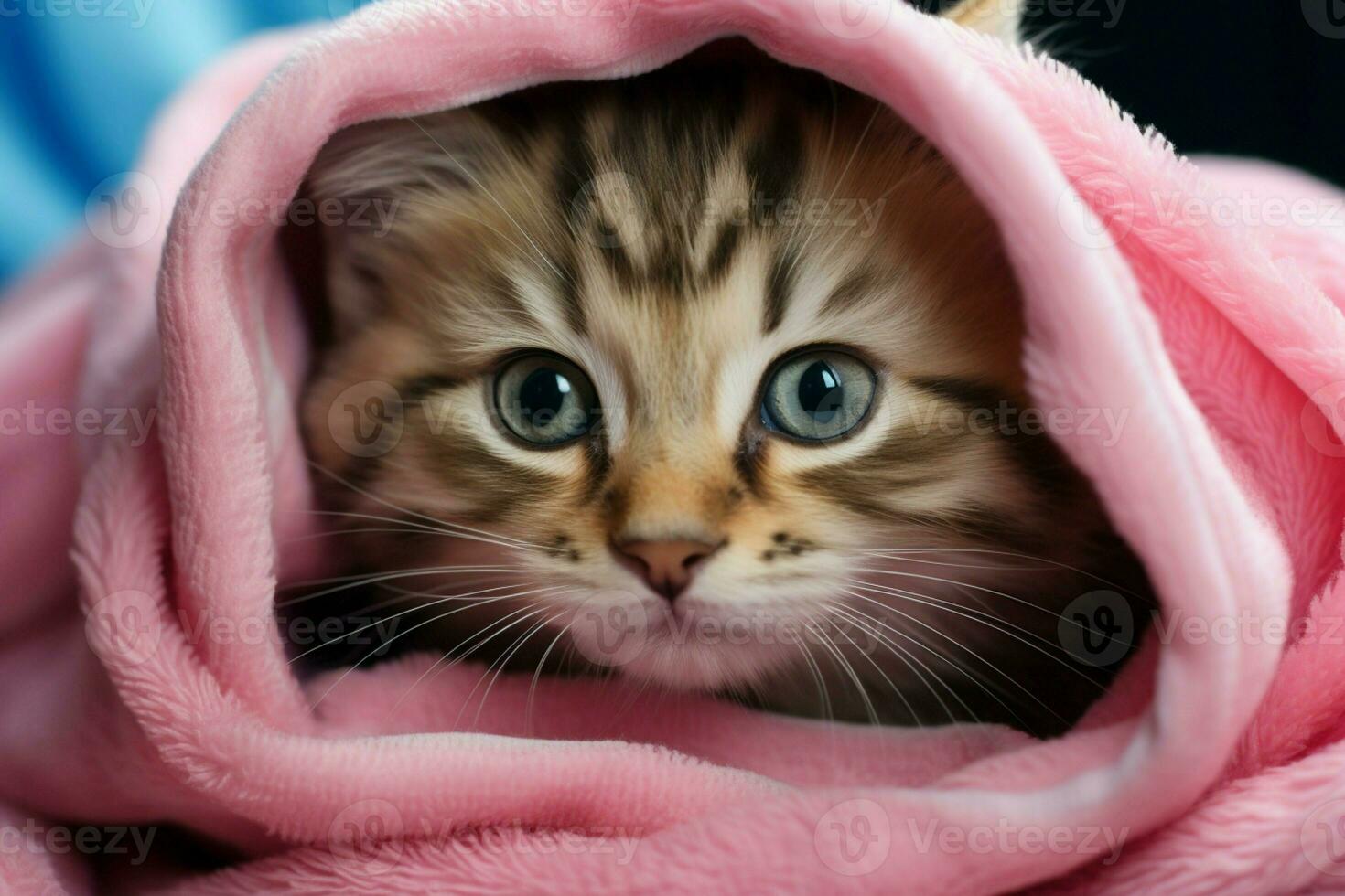 ai généré mignonne chaton Publier bain, enveloppé dans une rose serviette, bleu yeux photo