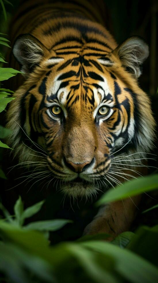 ai généré photo sumatran tigre dans fermer, traquer proie avec jungle ambiance verticale mobile fond d'écran