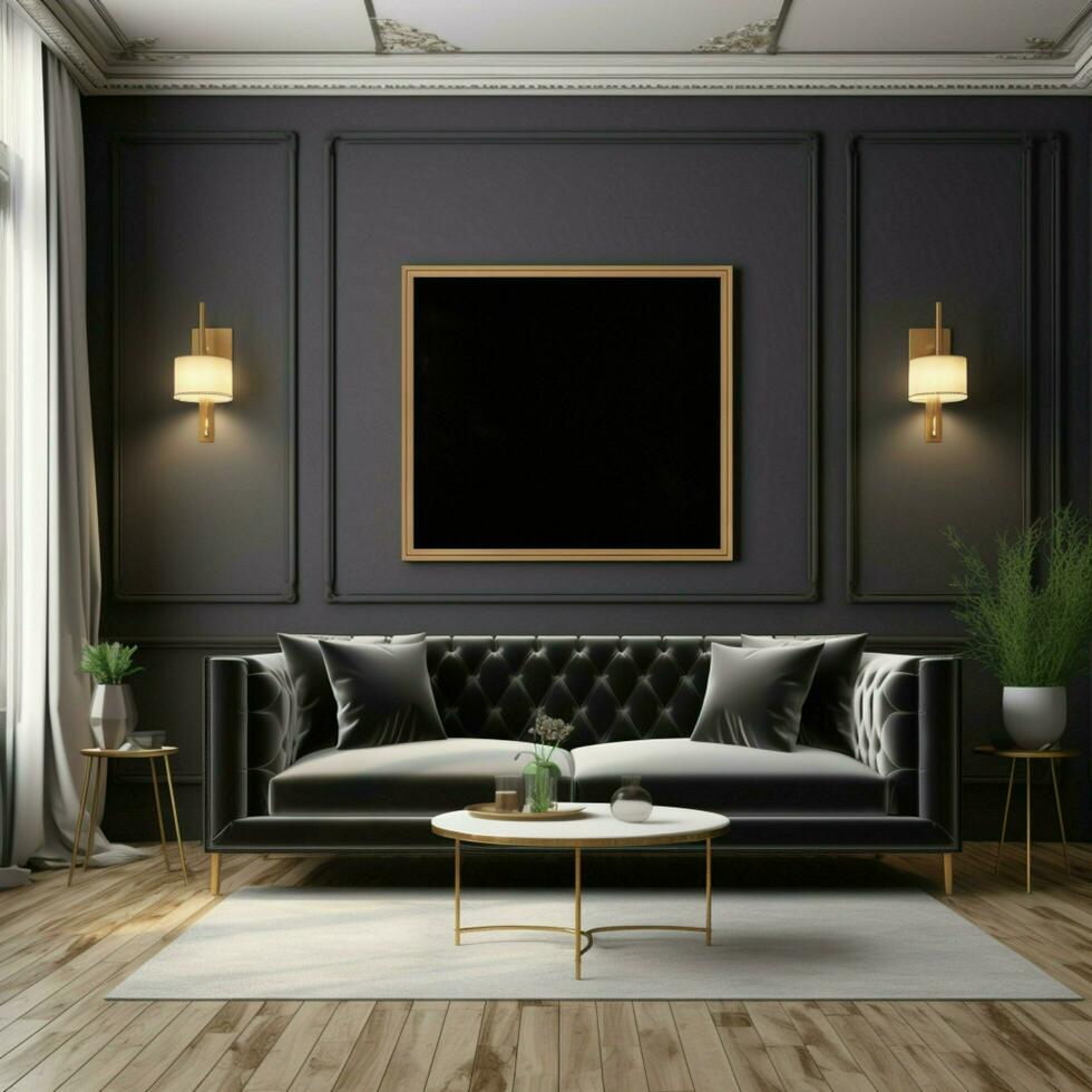 ai généré luxueux appartement intérieur avec noir canapé, maquette affiche Cadre pour social médias Publier Taille photo