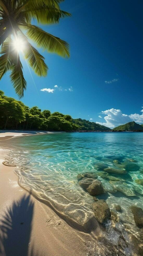 ai généré magnifique tropical plage avec paume des arbres, soleil, et clair océan verticale mobile fond d'écran photo