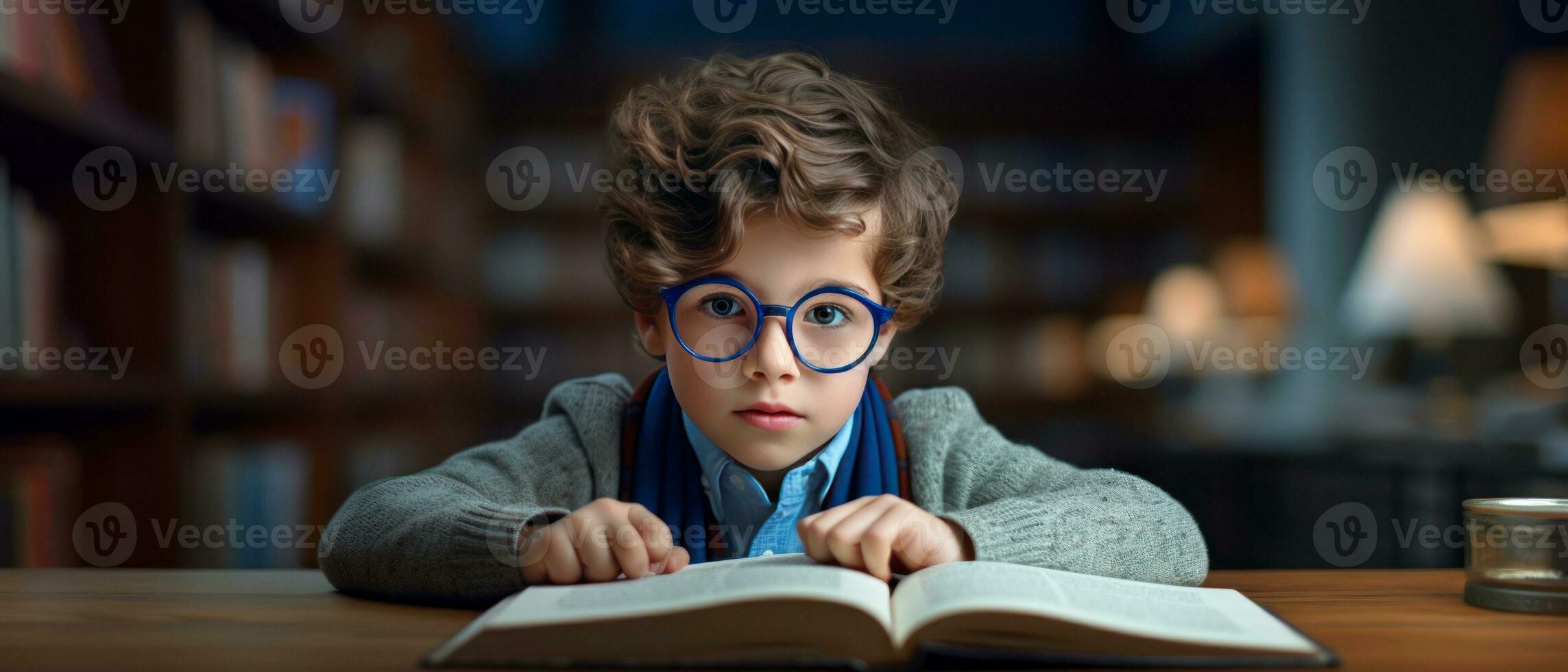 ai généré Jeune lecteur dans chandail et lunettes, absorbé dans enchanteur histoire,. ai génératif. photo