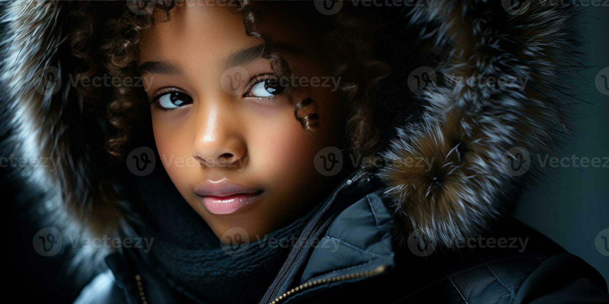 ai généré fermer de une Jeune noir fille dans une luxueux fourrure encapuchonné manteau. ai génératif. photo