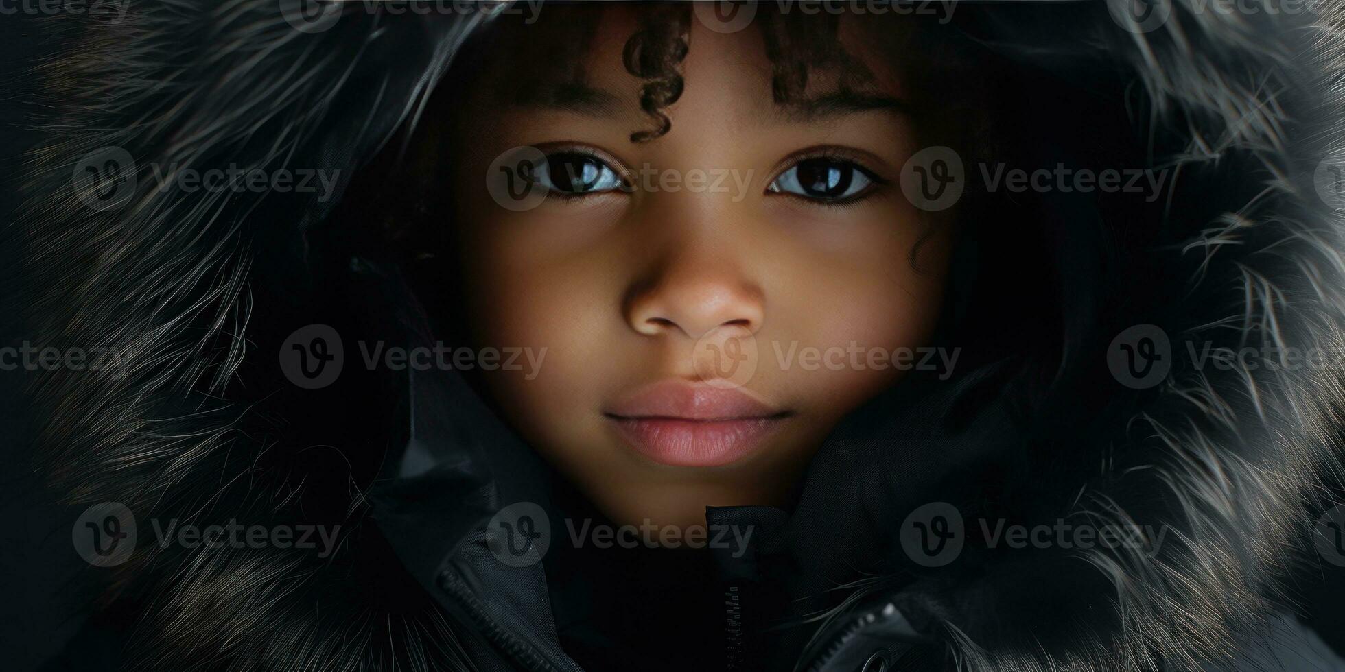 ai généré fermer de une Jeune noir fille dans une luxueux fourrure encapuchonné manteau. ai génératif. photo