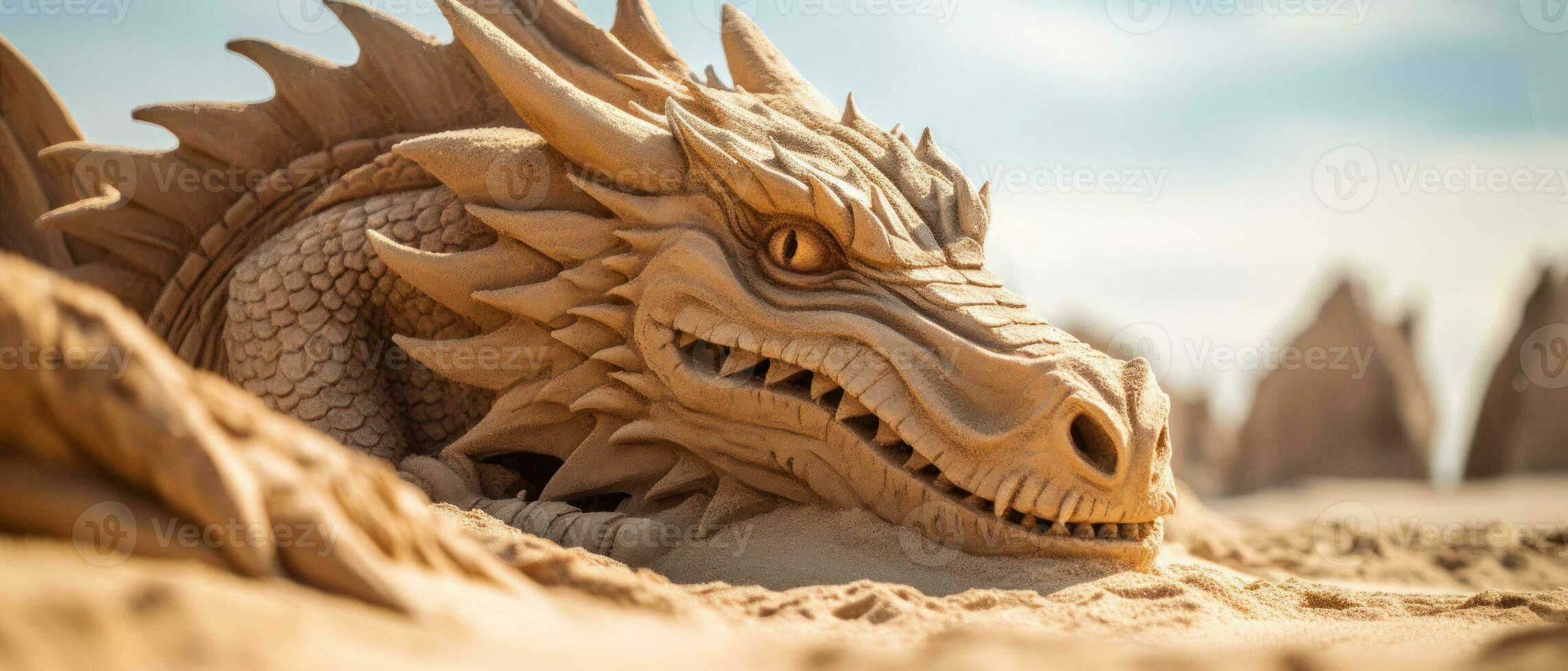 ai généré complexe le sable dragon sculpture sur une plage. ai génératif. photo