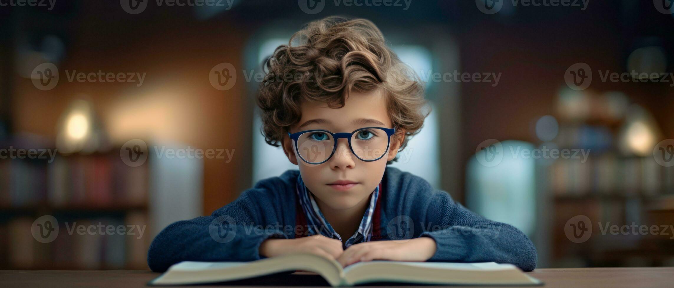 ai généré Jeune lecteur dans chandail et lunettes, absorbé dans enchanteur histoire,. ai génératif. photo