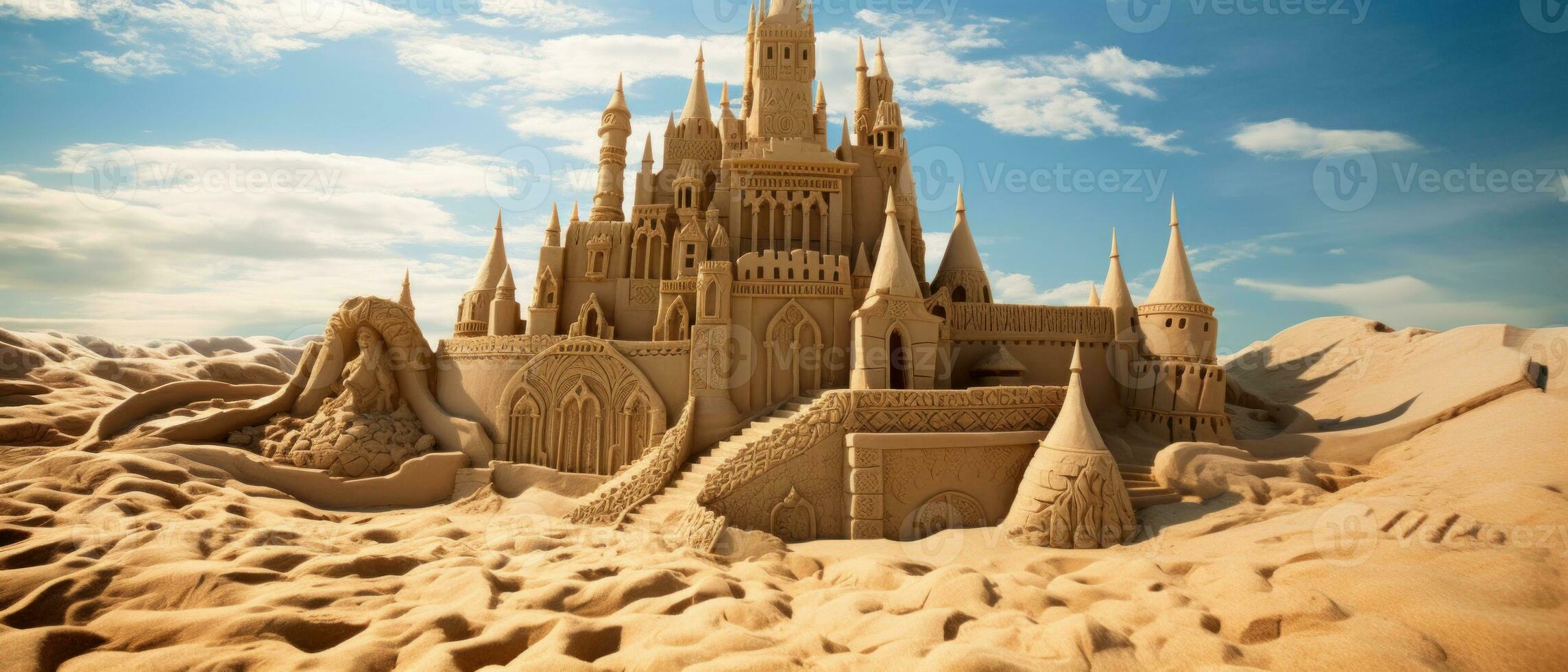 ai généré magnifique le sable Château sur d'or sable, avec complexe tours. ai génératif. photo