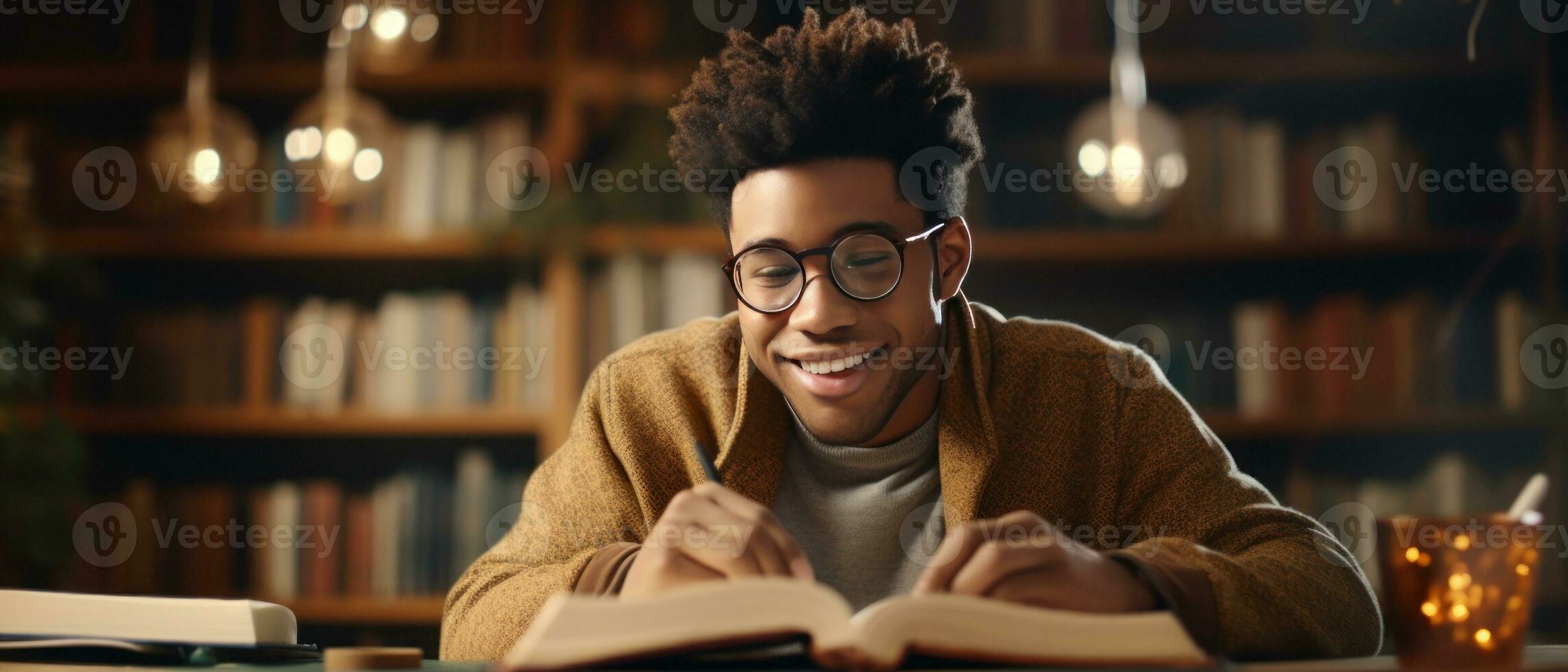 ai généré tranquille bibliothèque atmosphère, Jeune lecteurs absorbé dans livres. ai génératif. photo