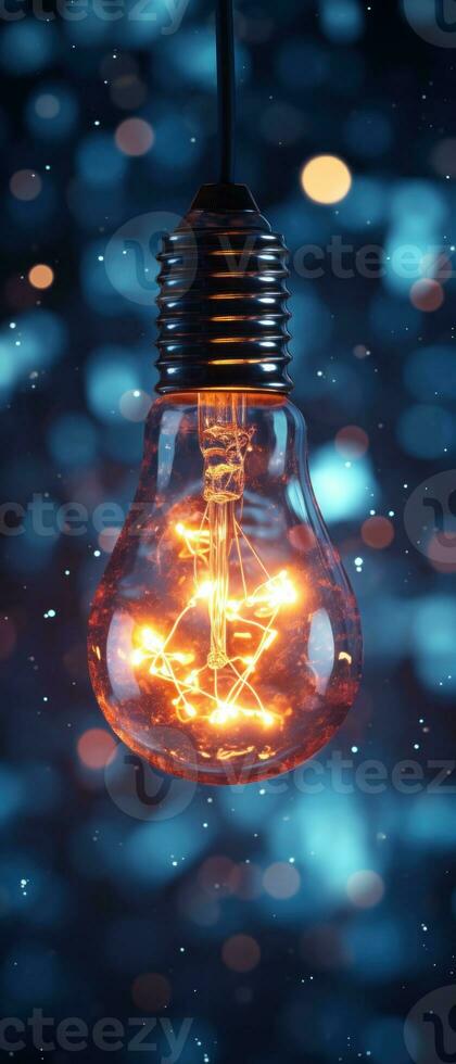 ai généré brillant lumière ampoule symbolisant des idées et innovation, avec embrasé tungstène câble et transparent verre, ensemble contre une foncé Contexte. photo
