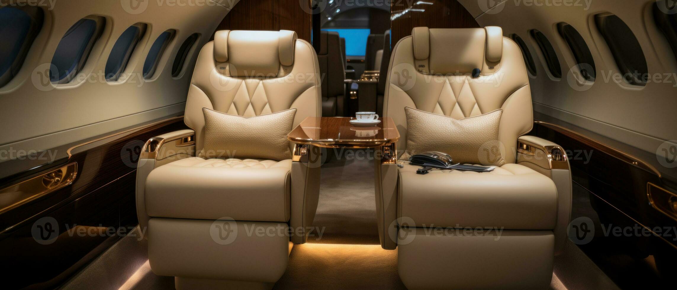 ai généré opulent privé jet intérieur, lisse tableau, élégant chaises. ai génératif. photo