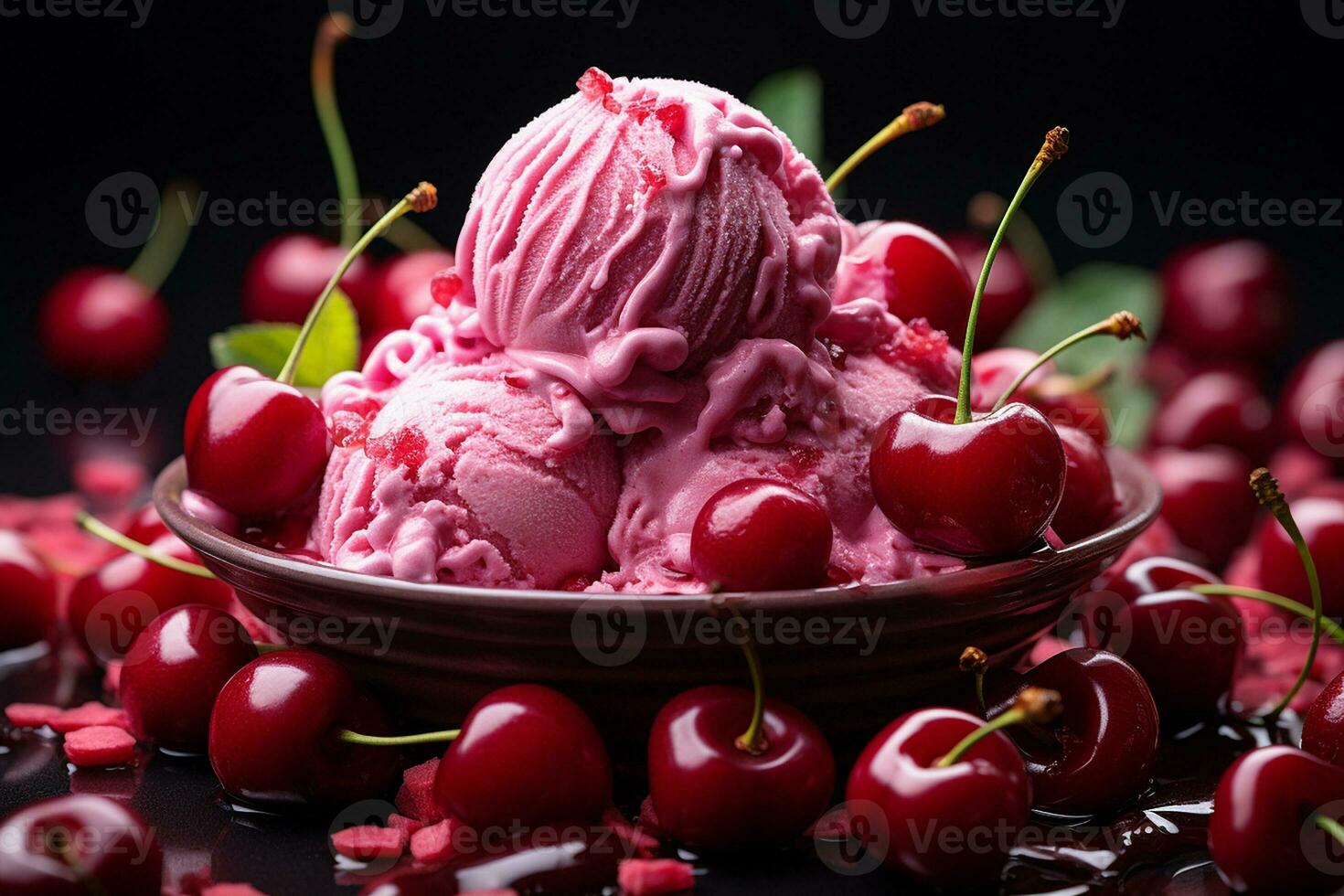 ai généré une Cerise la glace crème avec une entier Cerise garnir sur Haut entouré par Frais cerises, fermer coup photo