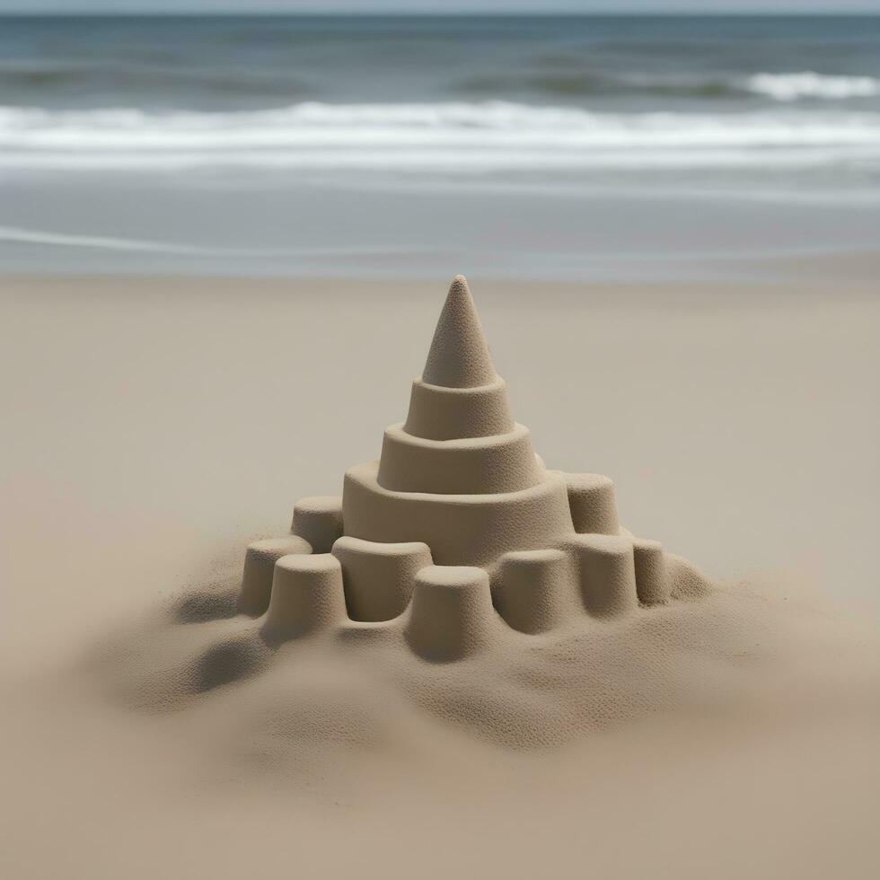 ai généré une le sable Château sur le plage avec une vague dans le Contexte photo