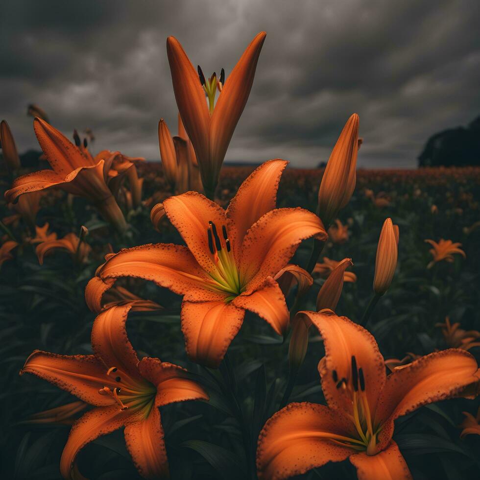 ai généré Orange fleurs de lys dans une champ avec foncé des nuages photo