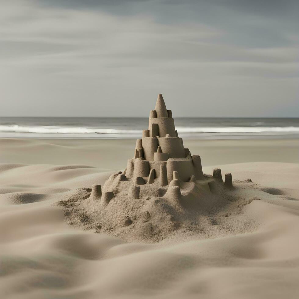 ai généré une le sable Château sur le plage avec une nuageux ciel photo