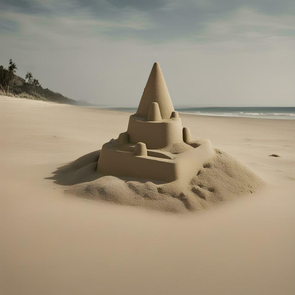 ai généré une le sable Château sur le plage avec une plage maison dans le Contexte photo