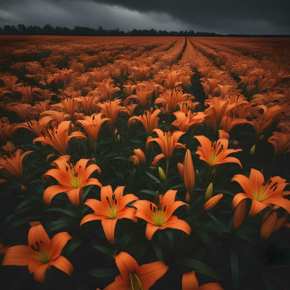 ai généré Orange fleurs de lys dans une champ en dessous de une foncé ciel photo