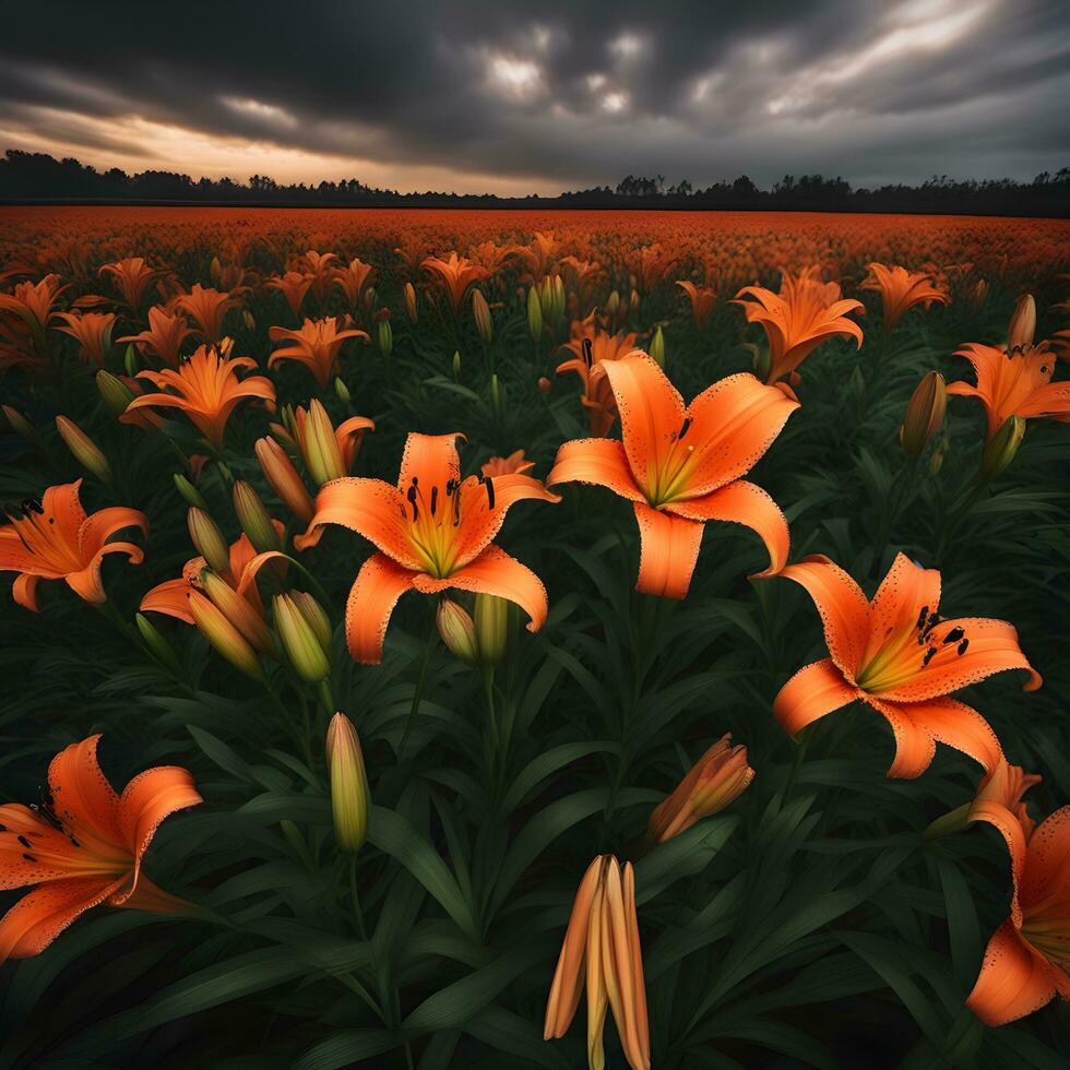 ai généré Orange fleurs de lys dans une champ en dessous de une nuageux ciel photo