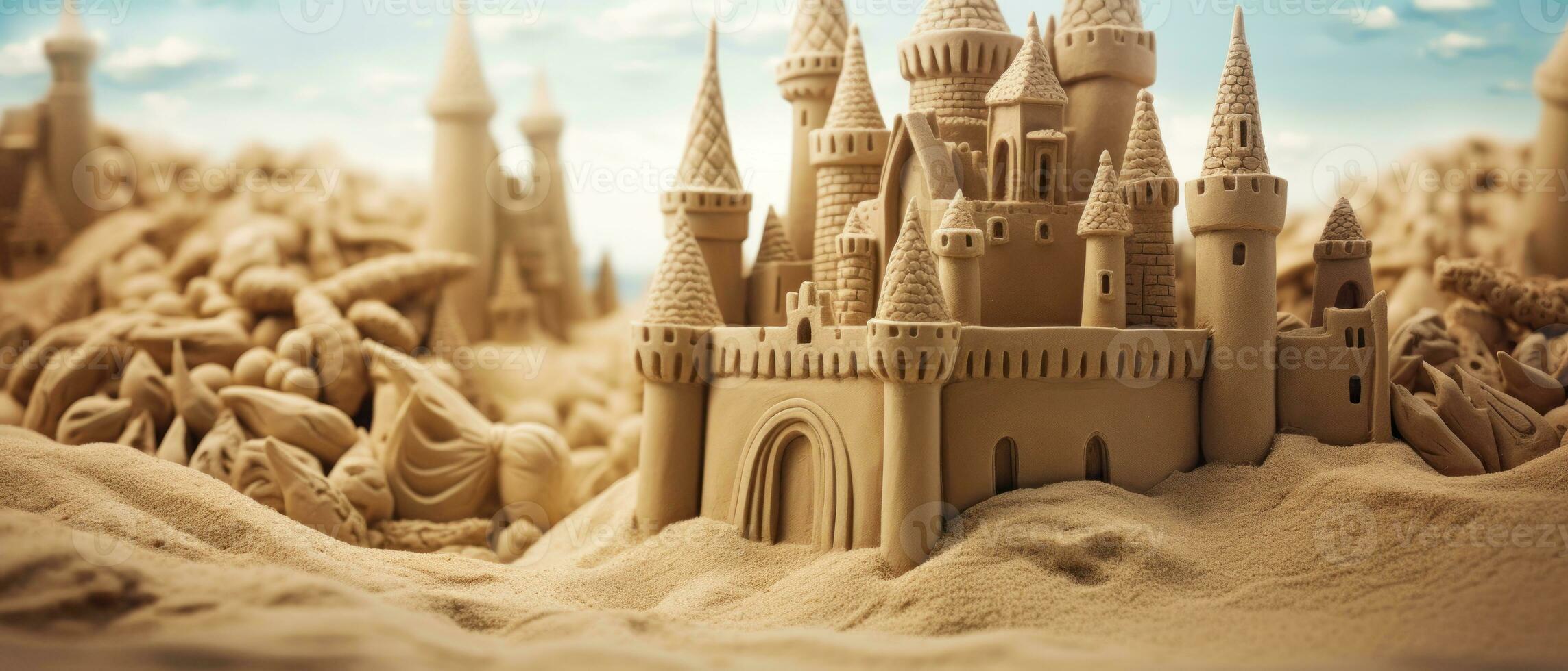 ai généré magnifique le sable Château sur d'or sable, avec complexe tours. ai génératif. photo
