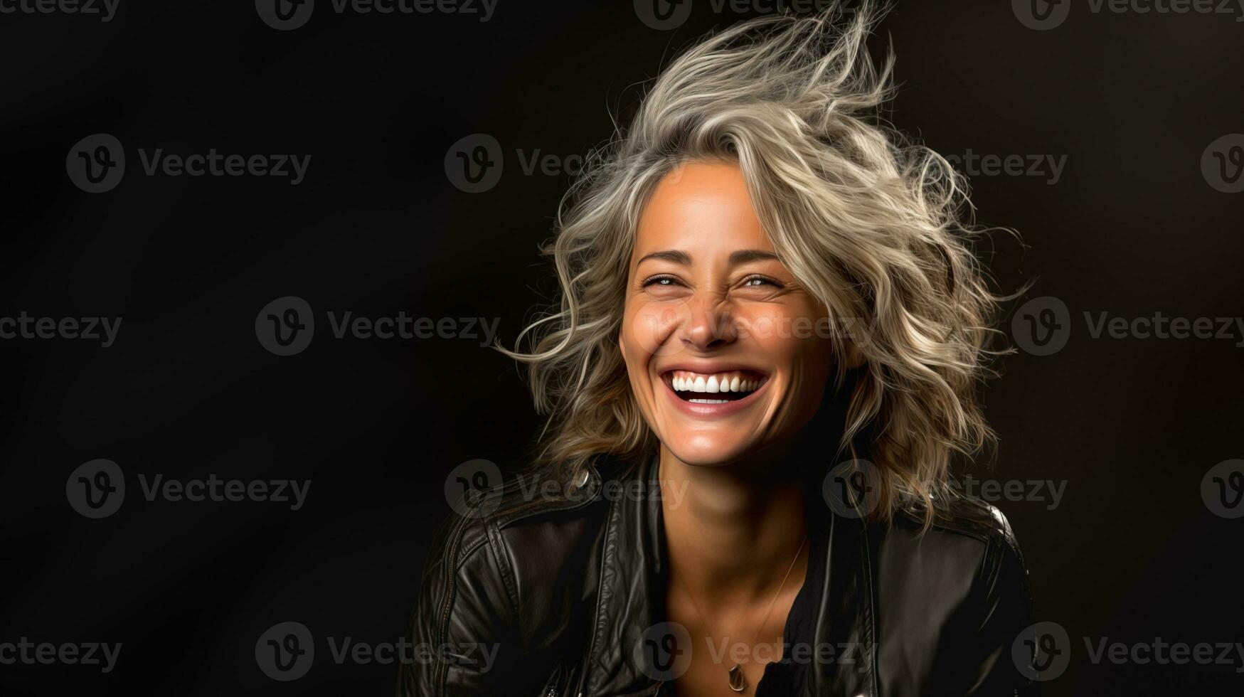 ai généré portrait de une content en riant âge moyen femme. génératif ai. photo