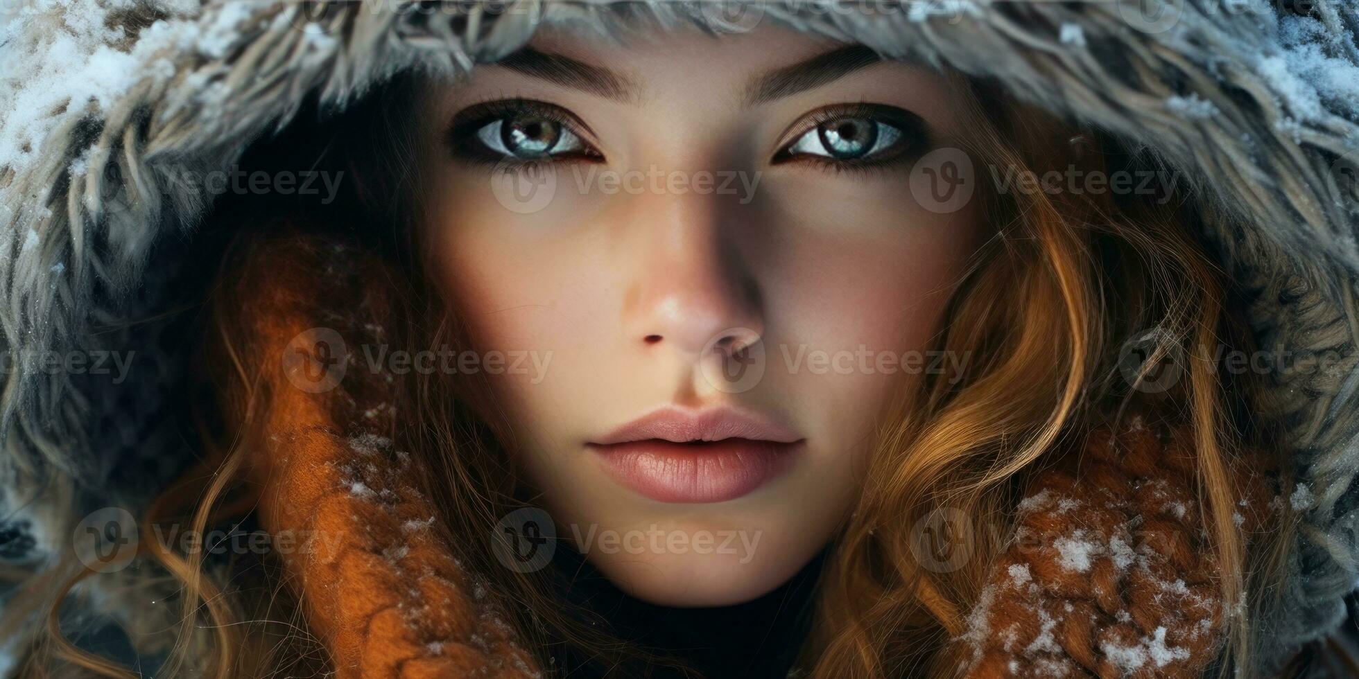 ai généré fermer de femme dans encapuchonné manteau, intense regard, et détaillé faciale caractéristiques. ai génératif. photo