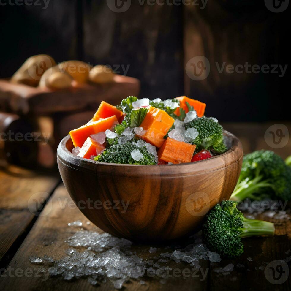 ai généré congelé des légumes dans en bois bol photo