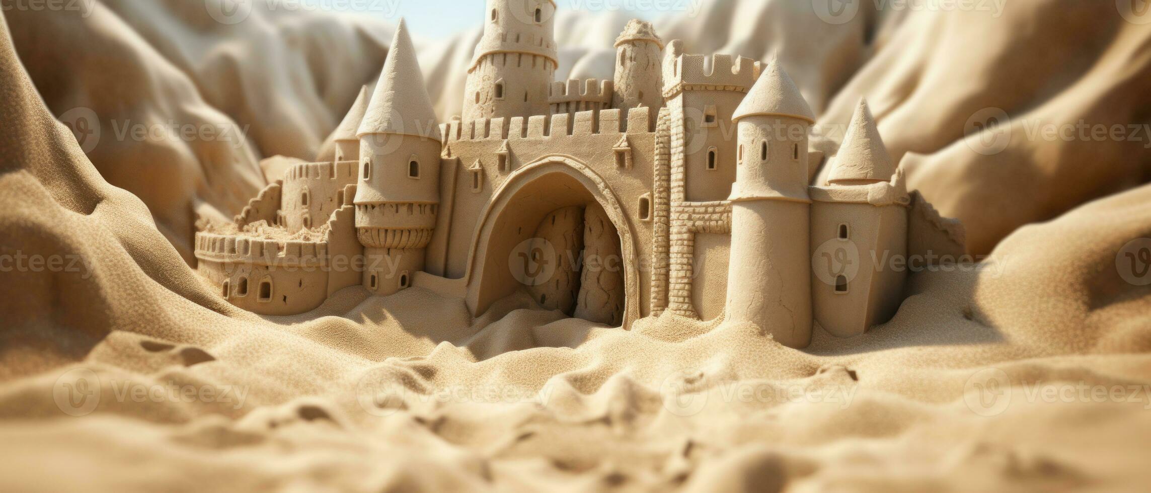 ai généré majestueux le sable Château avec complexe tourelles. ai génératif. photo