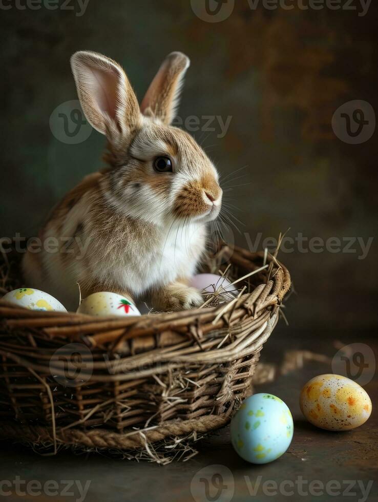 ai généré mignonne Pâques lapin dans panier avec des œufs sur foncé Contexte. ai génération photo