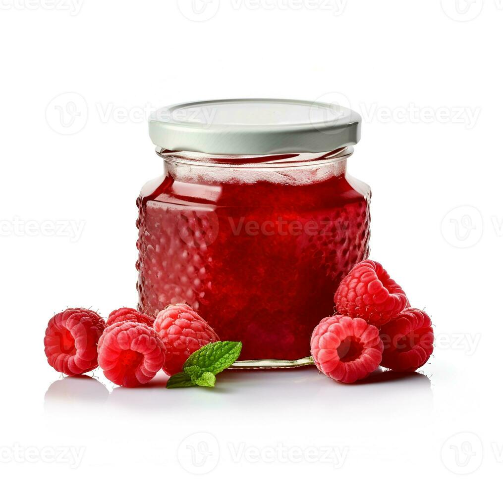 ai généré framboise confiture dans pot sur blanc arrière-plans. photo