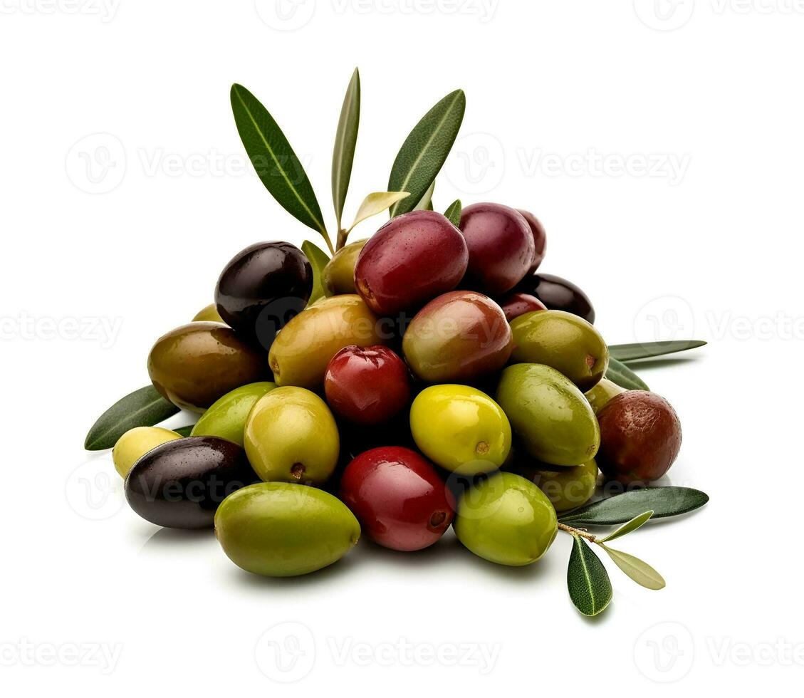 ai généré mélanger de Olives des fruits sur blanc arrière-plans photo