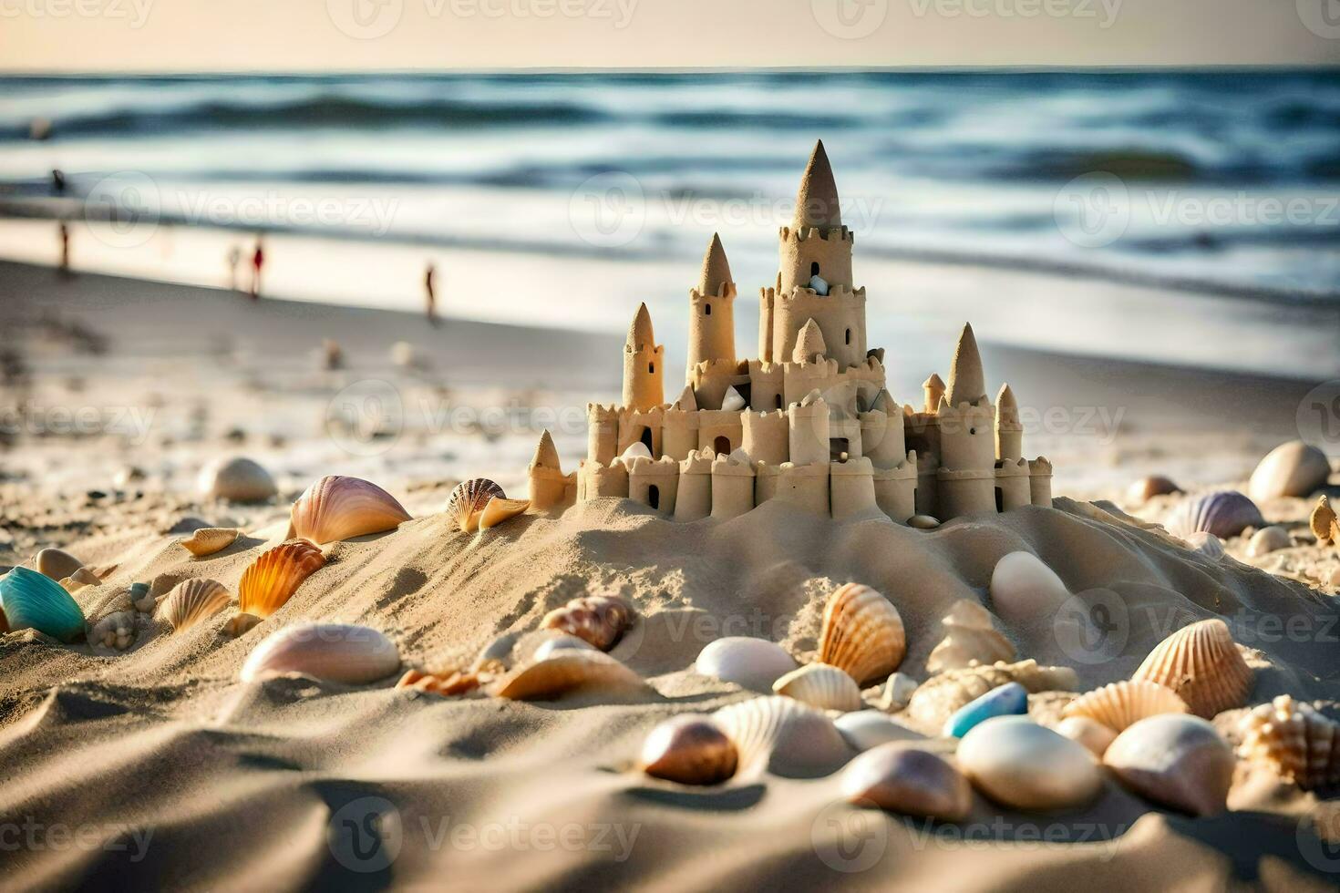 ai généré le sable Château sur le plage photo