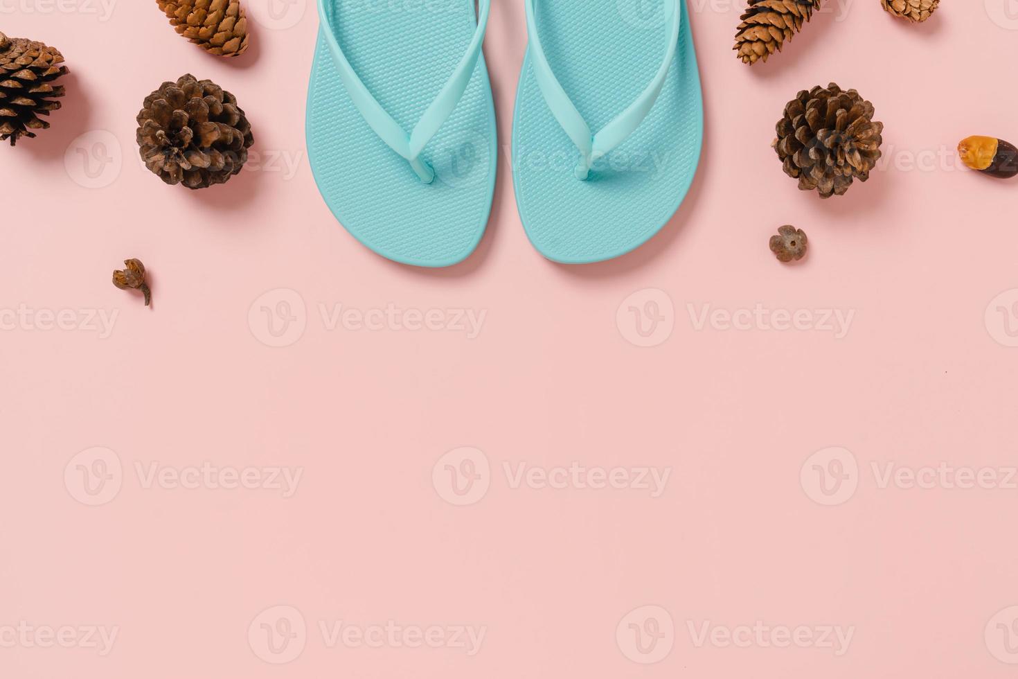 photo créative à plat de vacances de voyage à la mode tropicale de printemps ou d'été. accessoires de plage vue de dessus sur fond de couleur rose pastel avec un espace vide pour le texte. vue de dessus copie espace photographie.