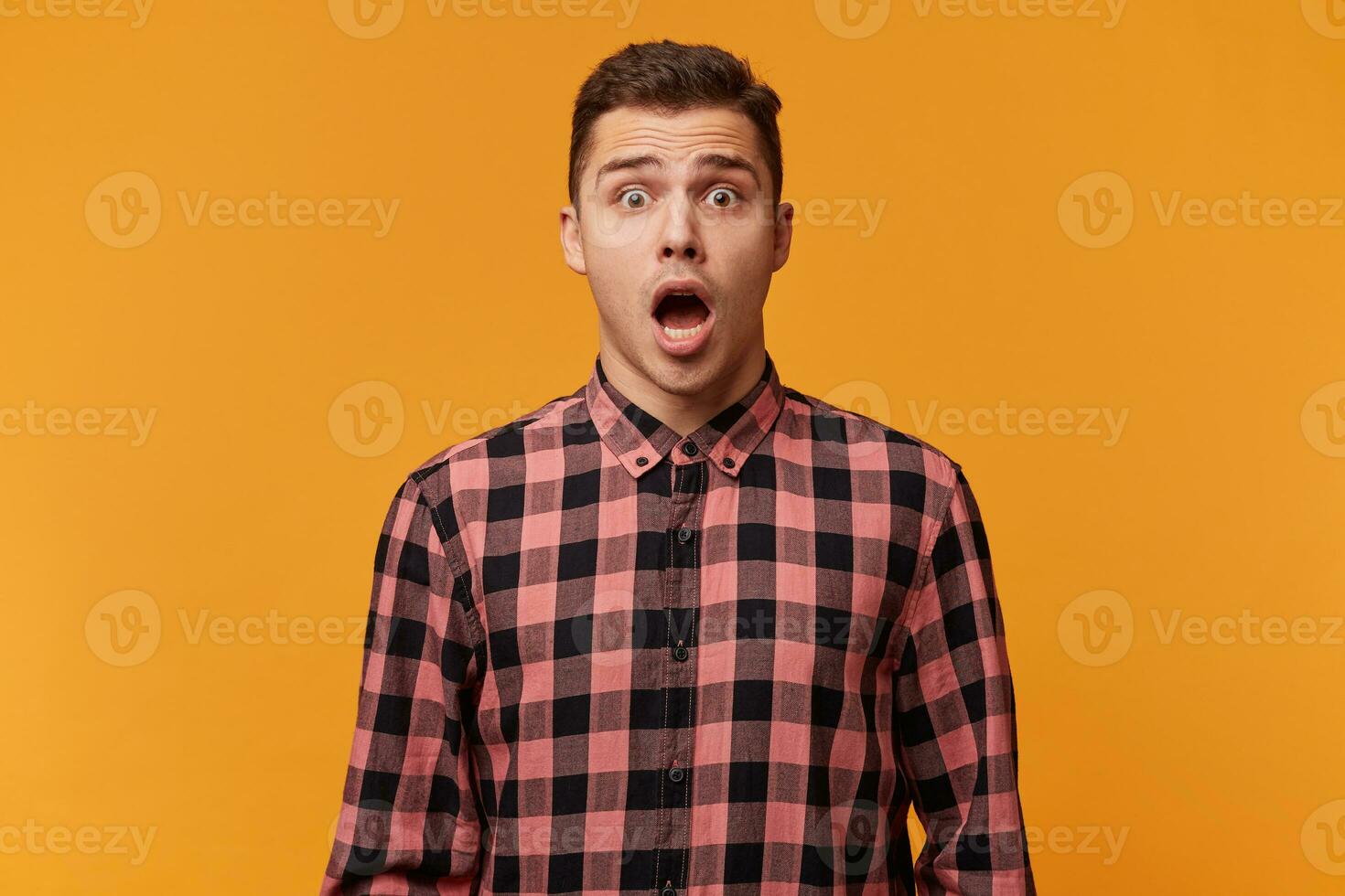 gars dans une à carreaux chemise étourdi dans surprise gelé avec le sien bouche ouvert et élevé les sourcils vu quelque chose incroyable choquant incroyable. homme perdu tout dans un moment photo