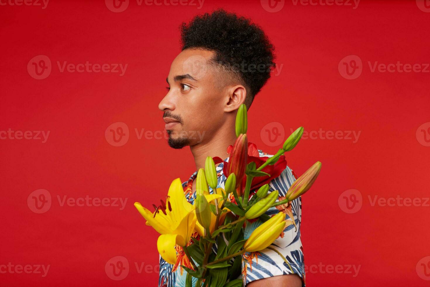 portrait de Jeune calme africain américain homme, porte dans hawaïen chemise, détient Jaune et rouge fleurs bouquet, des stands plus de rouge Contexte. photo