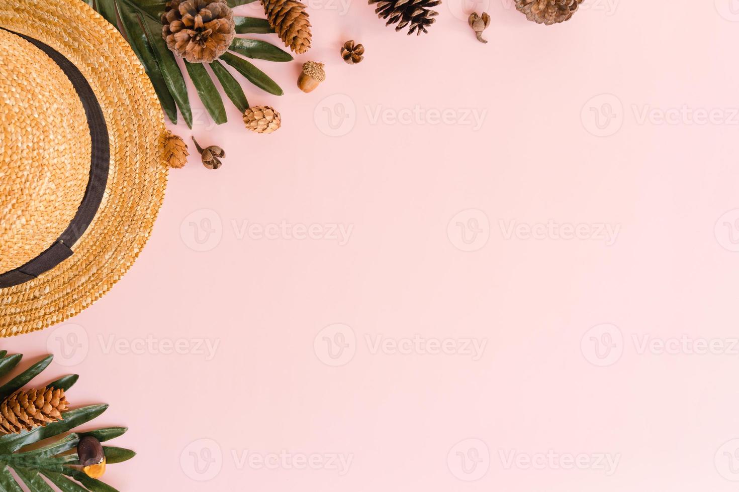 photo créative à plat de vacances de voyage à la mode tropicale de printemps ou d'été. accessoires de plage vue de dessus sur fond de couleur rose pastel avec un espace vide pour le texte. vue de dessus copie espace photographie.