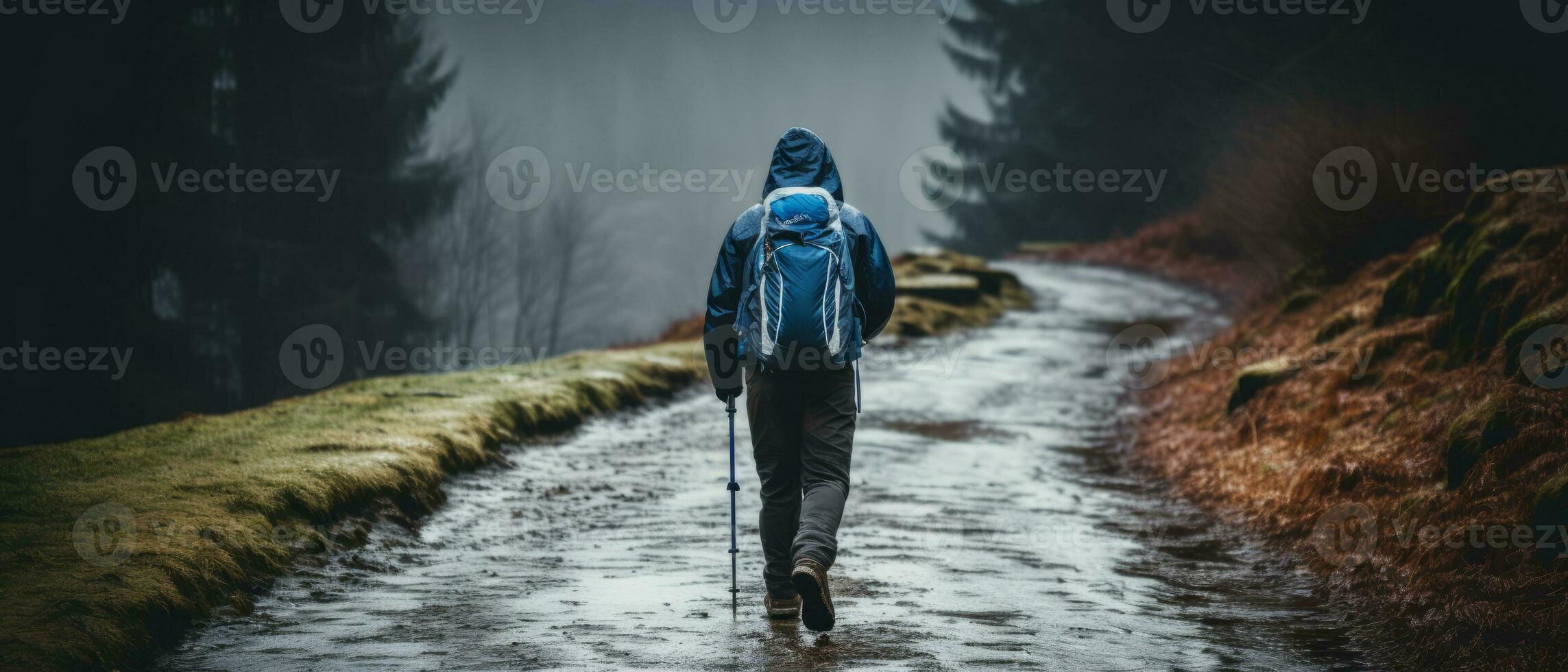 ai généré photo capturer le essence de une solitaire hiver aventure, avec une seul promeneur en marchant par une brumeux, boisé piste.