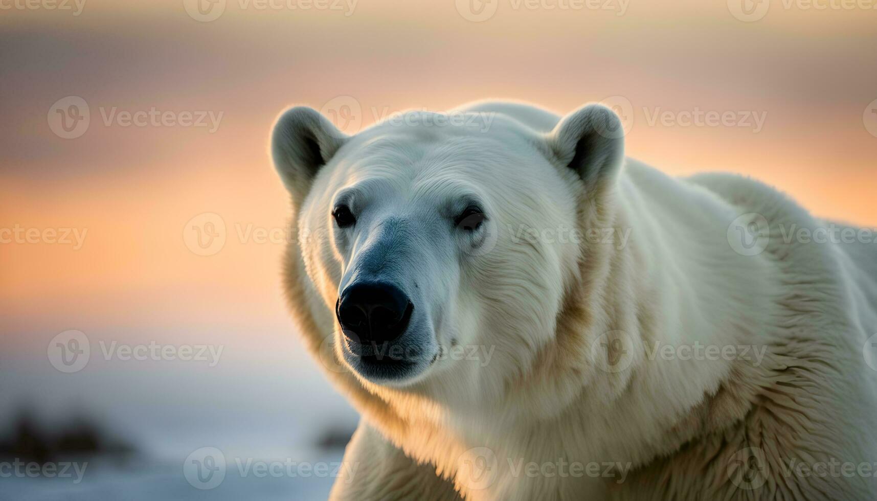 ai généré une polaire ours est permanent dans de face de une le coucher du soleil photo
