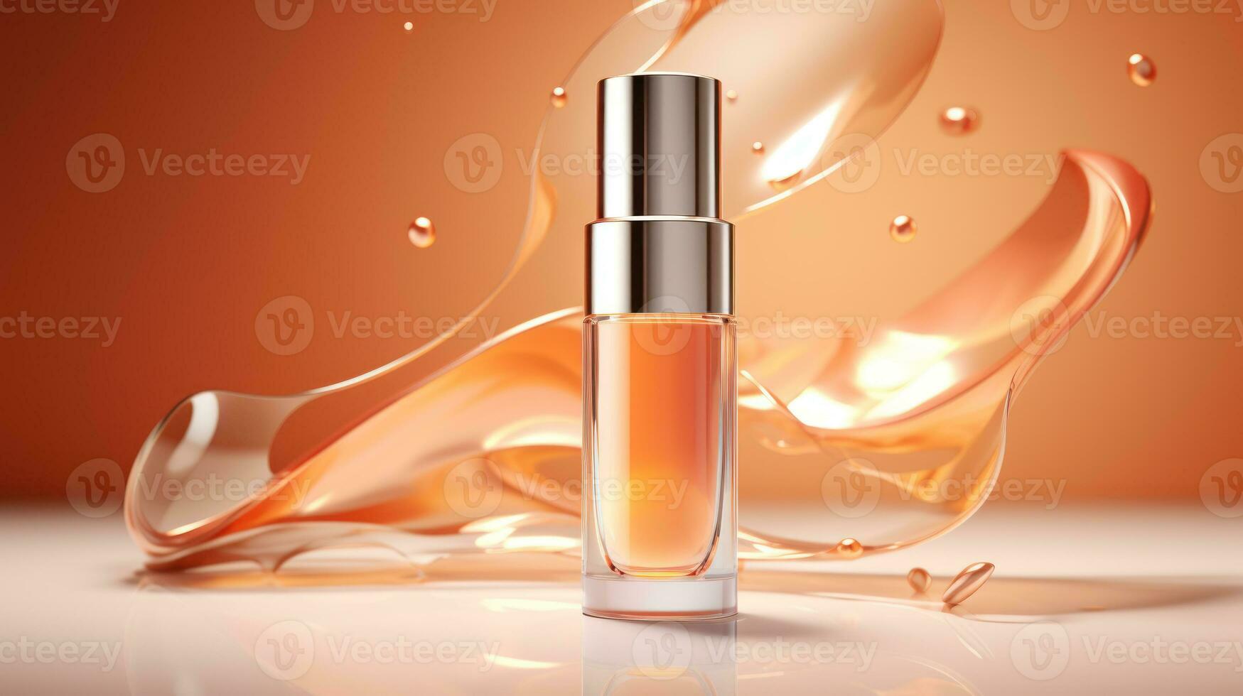 ai généré luxe parfum, cosmétique prime verre bouteille. bannière, affiche pour beauté promotion de élégant produit pour les publicités sur drapé soie en tissu Vêtements élégants Contexte avec perles. génératif ai photo