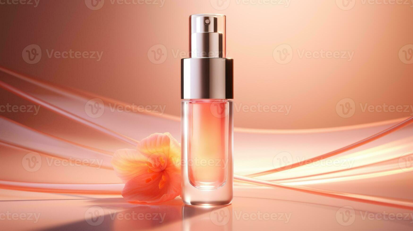 ai généré luxe parfum, cosmétique prime verre bouteille. bannière, affiche pour beauté promotion de élégant produit pour les publicités sur drapé soie en tissu Vêtements élégants Contexte avec perles. génératif ai photo