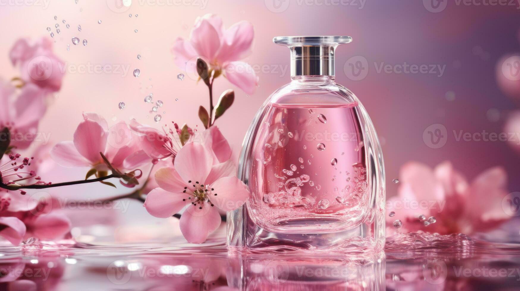 ai généré luxe parfum, cosmétique prime verre bouteille. bannière, affiche pour beauté promotion de élégant produit pour les publicités sur drapé soie en tissu Vêtements élégants Contexte avec perles. génératif ai photo