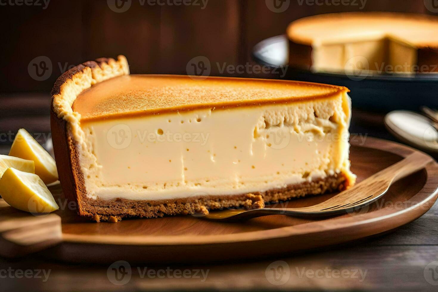 ai généré une tranche de cheesecake sur une en bois assiette photo