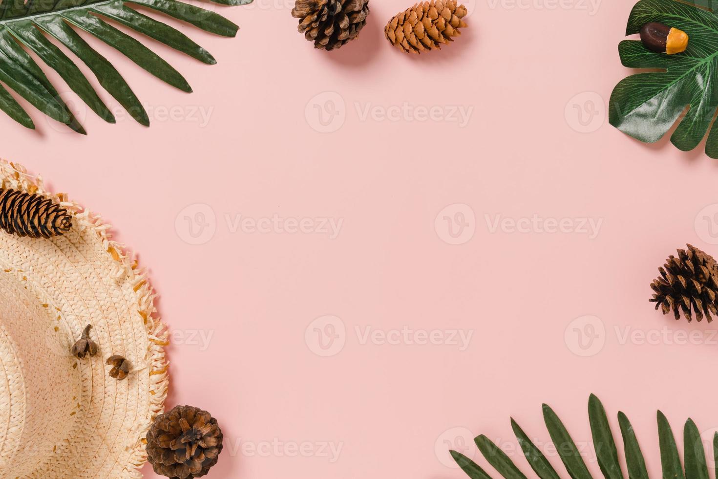 photo créative à plat de vacances de voyage à la mode tropicale de printemps ou d'été. accessoires de plage vue de dessus sur fond de couleur rose pastel avec un espace vide pour le texte. vue de dessus copie espace photographie.