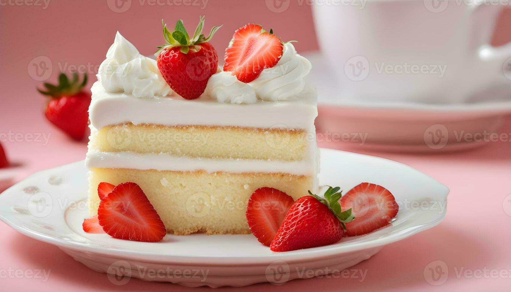 ai généré une pièce de gâteau avec blanc Glaçage et des fraises photo