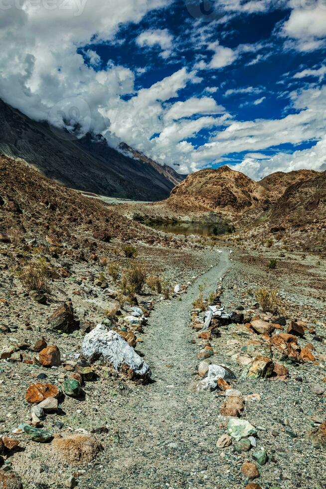 pied chemin à sacré Lac Lohat tso dans himalaya. nubra vallée, ladakh, Inde photo