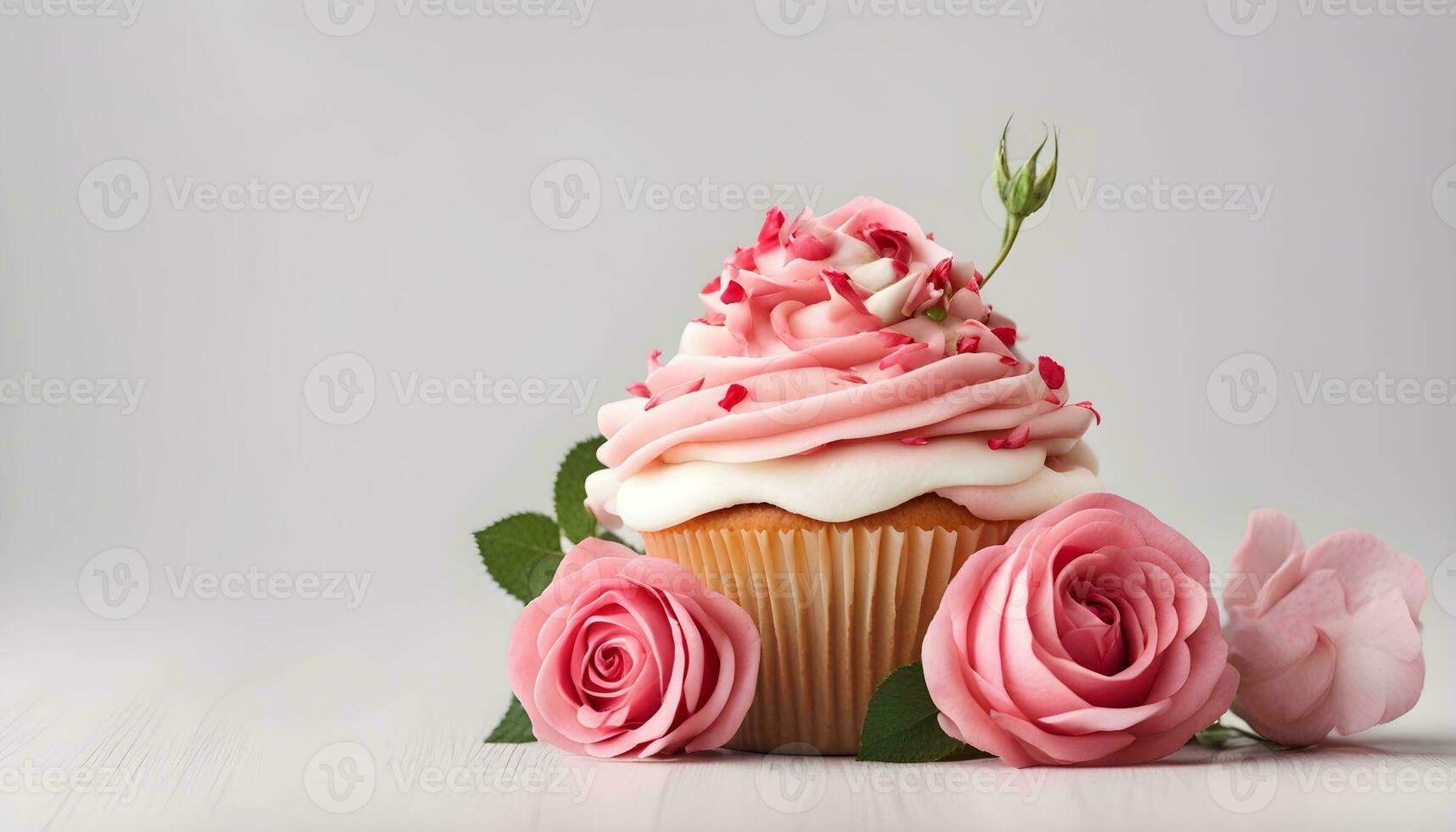 ai généré petit gâteau avec rose Glaçage et des roses sur une en bois table photo