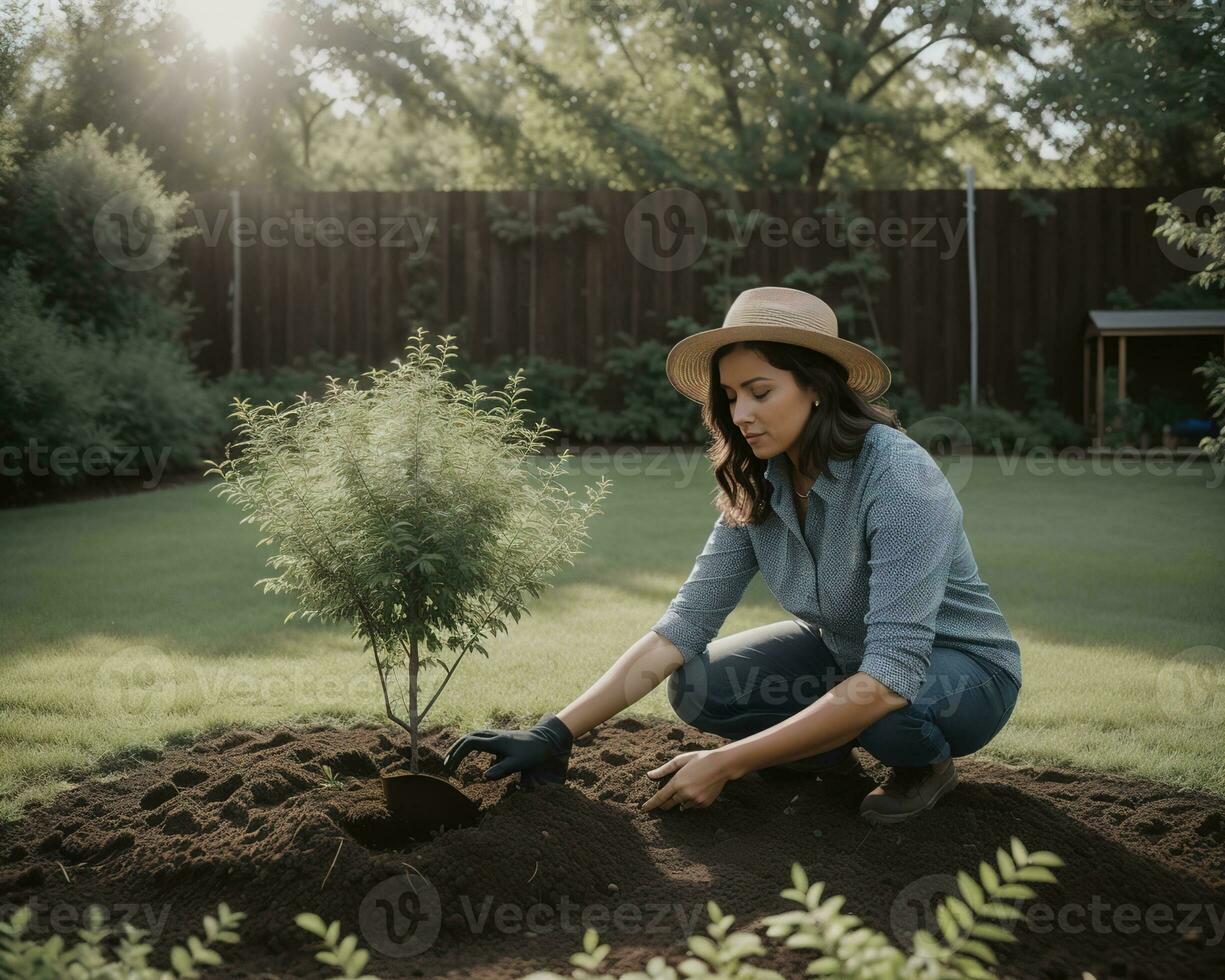 ai généré magnifique femme plantation une arbre dans le jardin