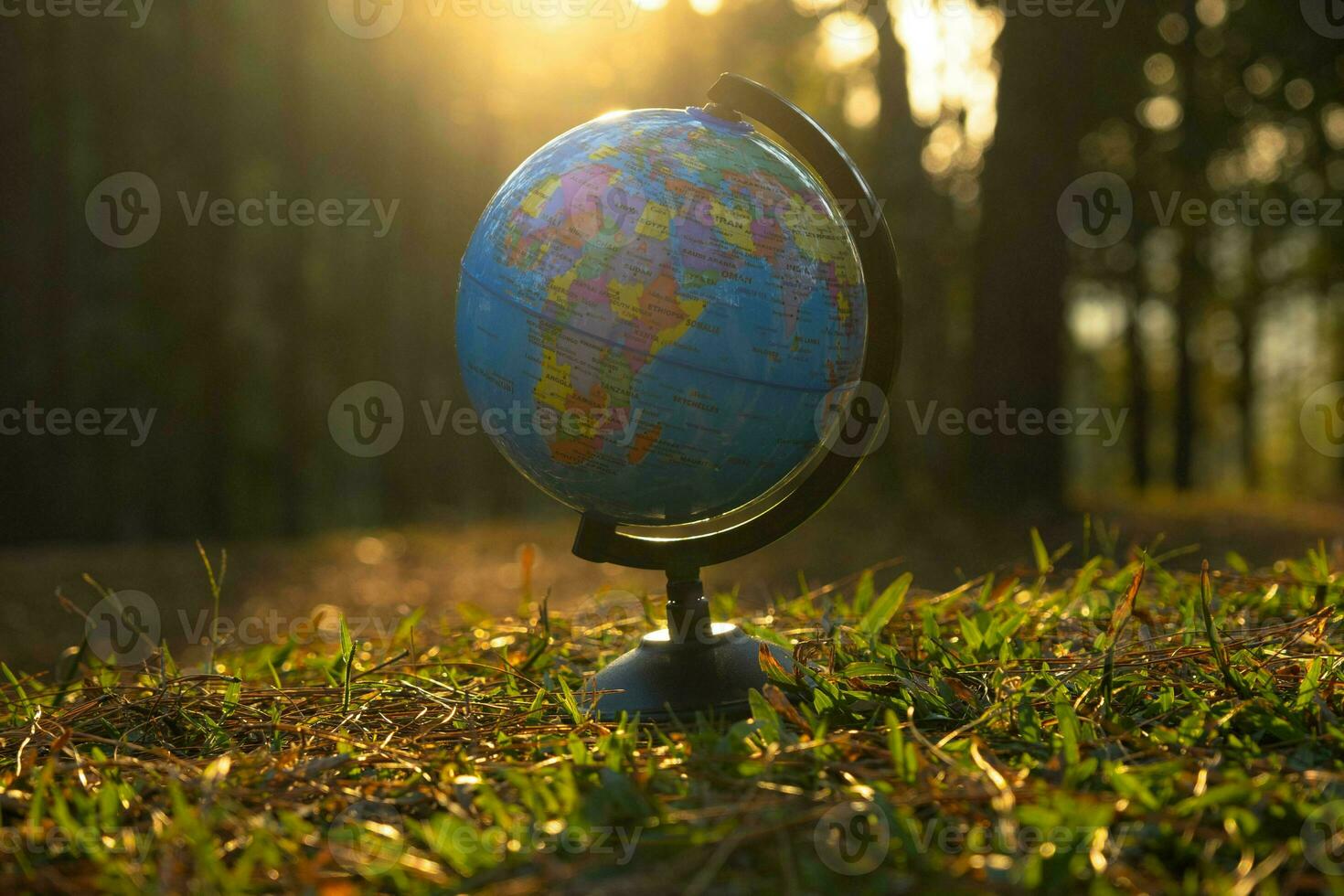 globe sphère modèle sur herbe contre Naturel Contexte et chaud lumière du soleil dans parc. Terre journée. monde environnement journée. photo