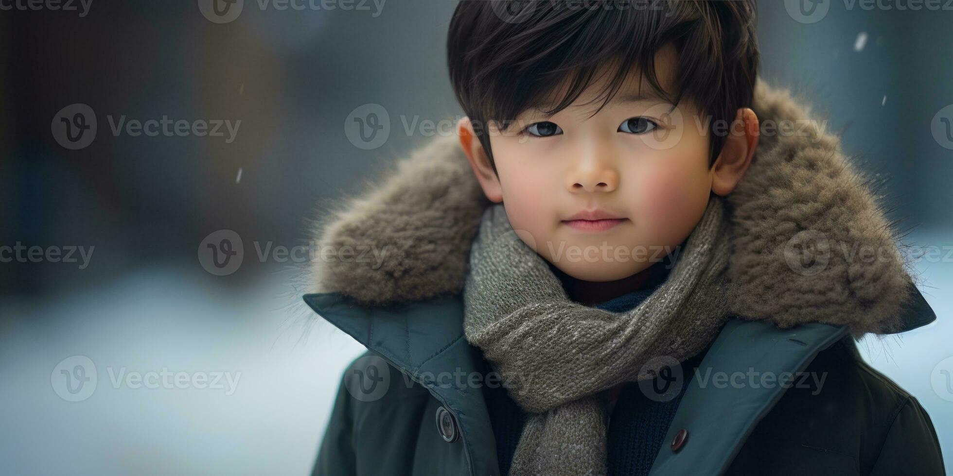 ai généré fermer de une Jeune asiatique garçon dans hiver tenue. ai génératif. photo