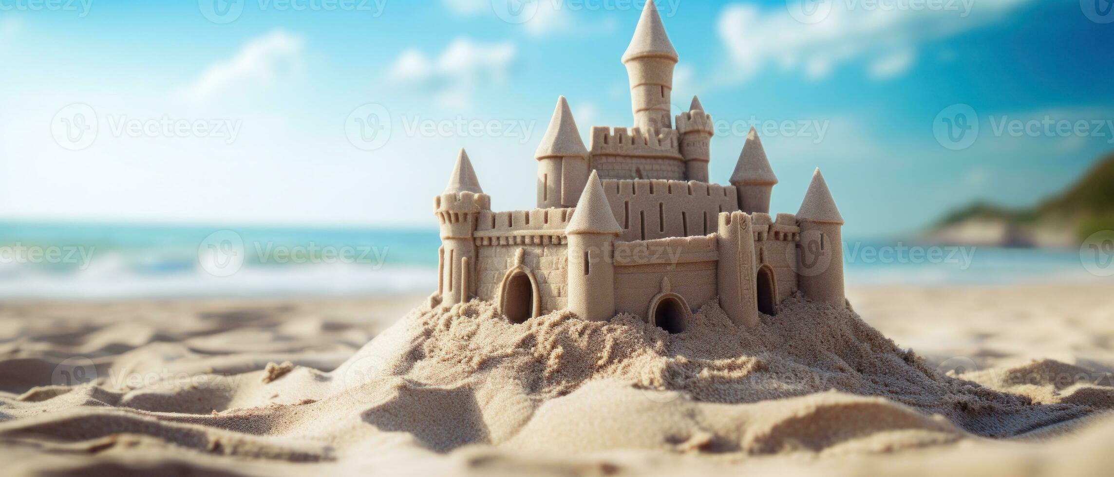 ai généré méticuleusement ouvré château de sable contre le océan. ai génératif. photo