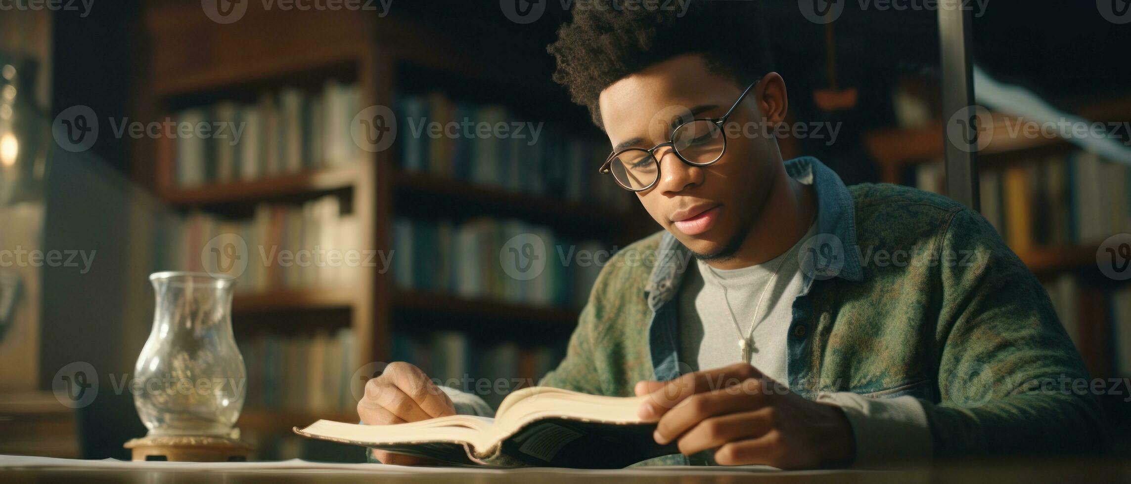 ai généré tranquille bibliothèque atmosphère, Jeune lecteurs absorbé dans livres. ai génératif. photo