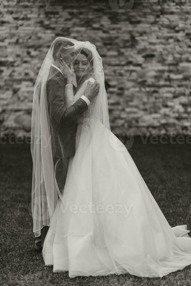 mariage couple sur la nature. la mariée et jeune marié étreindre en dessous de le voile à mariage. photo