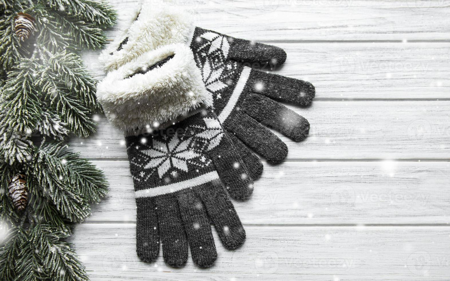 gants tricotés d'hiver sur un fond en bois près des branches de sapin photo